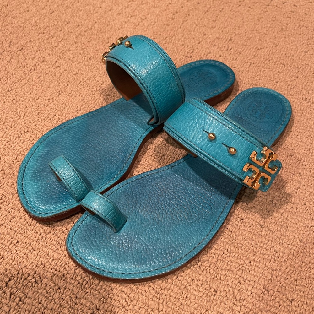 Tory Burch Turquoise Leather Slide Sandals with Gold Logo